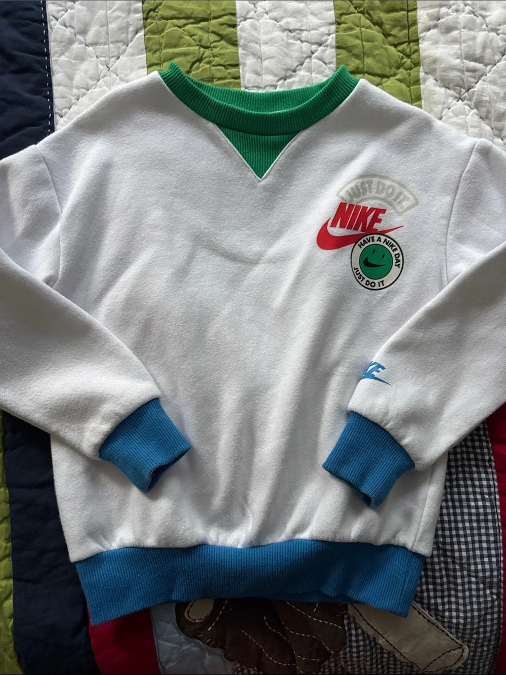 Nike White Sweatshirt with Green Collar and Blue Trim